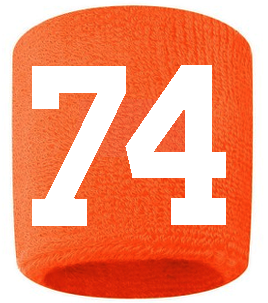 Number 74 Custom Orange w/ White #'s Sweatband Wristband Embroidered Stitched