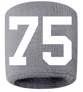 Number 75 Custom Gray w/ White #'s Sweatband Wristband Embroidered Stitched