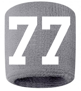 Number 77 Custom Gray w/ White #'s Sweatband Wristband Embroidered Stitched