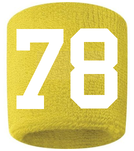 Number 78 Custom Yellow w/ White #'s Sweatband Wristband Embroidered Stitched