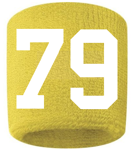 Number 79 Custom Yellow w/ White #'s Sweatband Wristband Embroidered Stitched