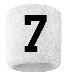 Number 7 Custom White w/ Black #'s Sweatband Wristband Embroidered Stitched