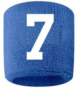 Number 7 Custom Royal Blue w/ White #'s Sweatband Wristband Embroidered Stitched
