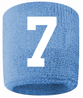 Number 7 Custom Light Blue w/ White #'s Sweatband Wristband Embroidered Stitched