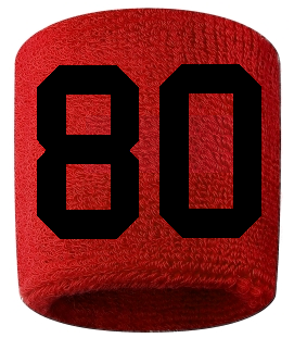Number 80 Custom Red w/ Black #'s Sweatband Wristband Embroidered Stitched
