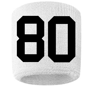 Number 80 Custom White w/ Black #'s Sweatband Wristband Embroidered Stitched