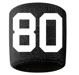 Number 80 Custom Black w/ White #'s Sweatband Wristband Embroidered Stitched