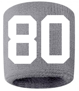 Number 80 Custom Gray w/ White #'s Sweatband Wristband Embroidered Stitched