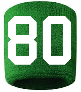 Number 80 Custom Green w/ White #'s Sweatband Wristband Embroidered Stitched