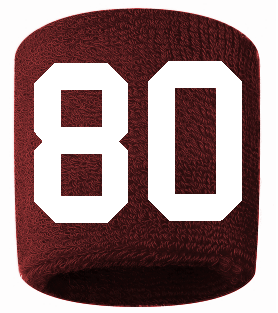 Number 80 Custom Maroon w/ White #'s Sweatband Wristband Embroidered Stitched