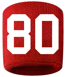Number 80 Custom Red w/ White #'s Sweatband Wristband Embroidered Stitched
