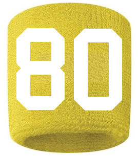 Number 80 Custom Yellow w/ White #'s Sweatband Wristband Embroidered Stitched