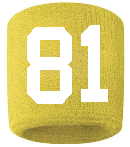 Number 81 Custom Yellow w/ White #'s Sweatband Wristband Embroidered Stitched