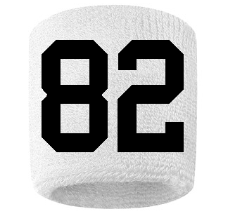 Number 82 Custom White w/ Black #'s Sweatband Wristband Embroidered Stitched
