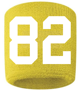 Number 82 Custom Yellow w/ White #'s Sweatband Wristband Embroidered Stitched