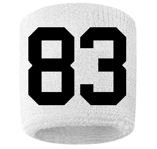 Number 83 Custom White w/ Black #'s Sweatband Wristband Embroidered Stitched