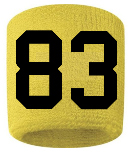 Number 83 Custom Yellow w/ Black #'s Sweatband Wristband Embroidered Stitched