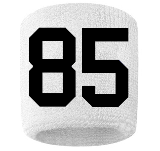 Number 85 Custom White w/ Black #'s Sweatband Wristband Embroidered Stitched
