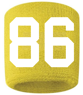 Number 86 Custom Yellow w/ White #'s Sweatband Wristband Embroidered Stitched