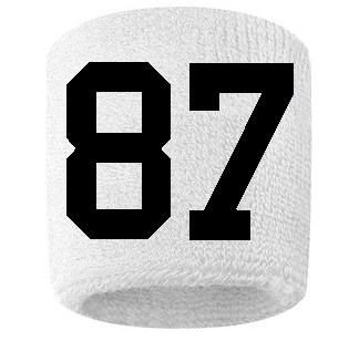 Number 87 Custom White w/ Black #'s Sweatband Wristband Embroidered Stitched - SportsJewelryProShop