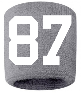 Number 87 Custom Gray w/ White #'s Sweatband Wristband Embroidered Stitched