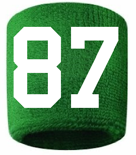 Number 87 Custom Green w/ White #'s Sweatband Wristband Embroidered Stitched