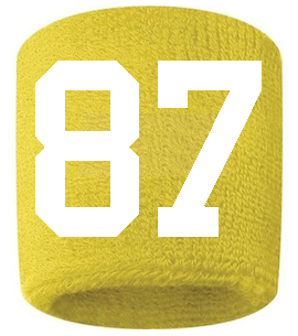 Number 87 Custom Yellow w/ White #'s Sweatband Wristband Embroidered Stitched