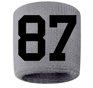 Number 87 Custom Gray w/ Black #'s Sweatband Wristband Embroidered Stitched