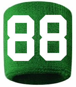 Number 88 Custom Green w/ White #'s Sweatband Wristband Embroidered Stitched