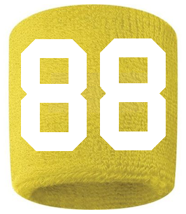 Number 88 Custom Yellow w/ White #'s Sweatband Wristband Embroidered Stitched