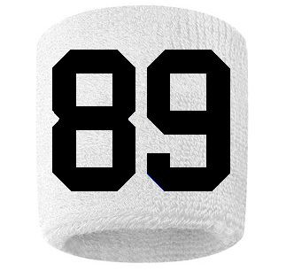 Number 89 Custom White w/ Black #'s Sweatband Wristband Embroidered Stitched