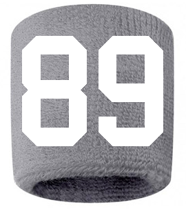 Number 89 Custom Gray w/ White #'s Sweatband Wristband Embroidered Stitched