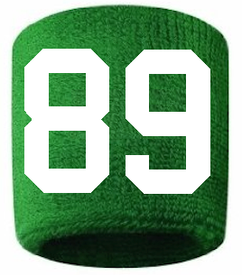 Number 89 Custom Green w/ White #'s Sweatband Wristband Embroidered Stitched
