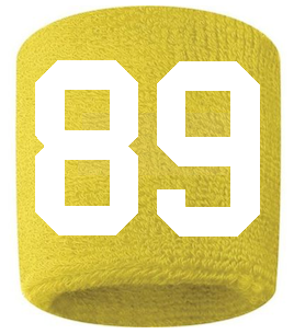 Number 89 Custom Yellow w/ White #'s Sweatband Wristband Embroidered Stitched