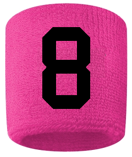 Number 8 Custom Hot Pink w/ Black #'s Sweatband Wristband Embroidered Stitched