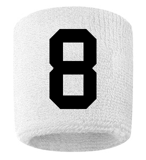 Number 8 Custom White w/ Black #'s Sweatband Wristband Embroidered Stitched