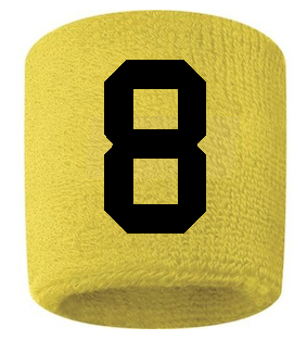 Number 8 Custom Yellow w/ Black #'s Sweatband Wristband Embroidered Stitched