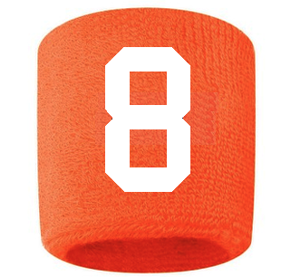 Number 8 Custom Orange w/ White #'s Sweatband Wristband Embroidered Stitched
