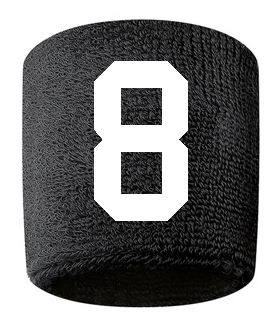 Number 8 Custom Black w/ White #'s Sweatband Wristband Embroidered Stitched