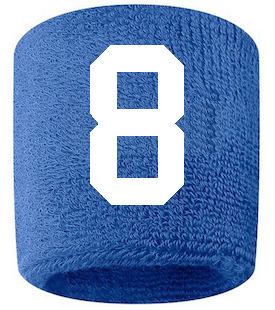 Number 8 Custom Royal Blue w/ White #'s Sweatband Wristband Embroidered Stitched