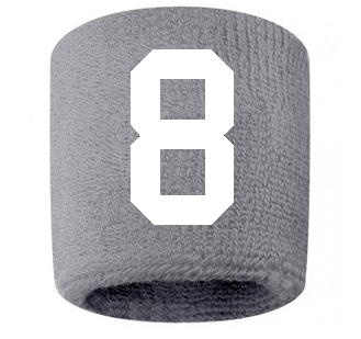 Number 8 Custom Gray w/ White #'s Sweatband Wristband Embroidered Stitched
