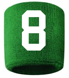 Number 8 Custom Green w/ White #'s Sweatband Wristband Embroidered Stitched