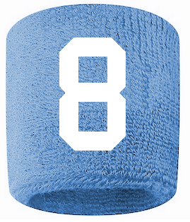 Number 8 Custom Light Blue w/ White #'s Sweatband Wristband Embroidered Stitched