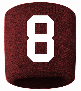 Number 8 Custom Maroon w/ White #'s Sweatband Wristband Embroidered Stitched