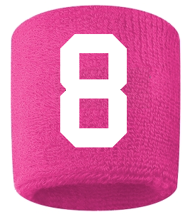 Number 8 Custom Hot Pink w/ White #'s Sweatband Wristband Embroidered Stitched