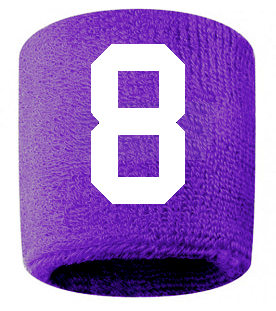 Number 8 Custom Purple w/ White #'s Sweatband Wristband Embroidered Stitched
