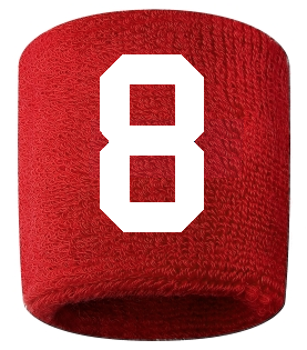 Number 8 Custom Red w/ White #'s Sweatband Wristband Embroidered Stitched