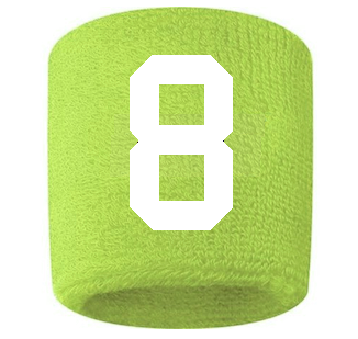 Number 8 Custom Volt Neon Lime Green w/ White #'s Sweatband Wristband Embroidered Stitched