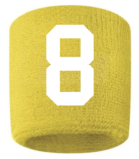 Number 8 Custom Yellow w/ White #'s Sweatband Wristband Embroidered Stitched