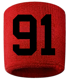 Number 91 Custom Red w/ Black #'s Sweatband Wristband Embroidered Stitched